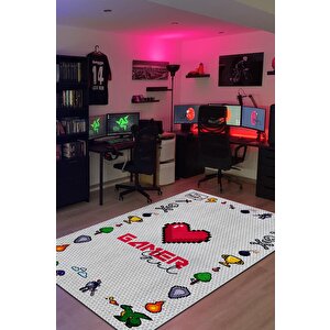 Oyuncu Kız Açık Renkli Beyaz Oyuncu Halısı Gamer Temalı Halı Modern Oyuncuya Hediye Halı 80x120 cm