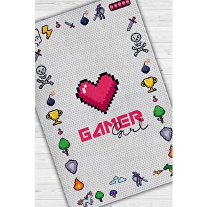 Oyuncu Kız Açık Renkli Beyaz Oyuncu Halısı Gamer Temalı Halı Modern Oyuncuya Hediye Halı 80x120 cm