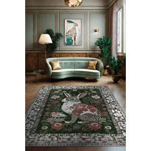 Nuh'un Gemisi Koleksiyonu Tavşan, Çiçek Desenli Art Deco Tarzı Vintage Halı,çok Renkli Maksimalist Halı 160x240 cm