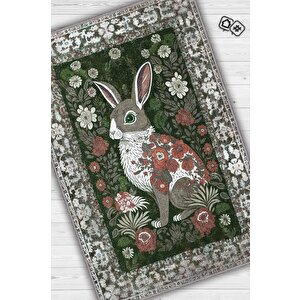 Nuh'un Gemisi Koleksiyonu Tavşan, Çiçek Desenli Art Deco Tarzı Vintage Halı,çok Renkli Maksimalist Halı 160x240 cm