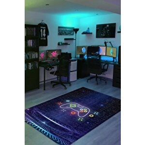 Neon Gamer Siyah Renk Oyuncu Halısı Neon Renk Gamer Temalı Halı Oyuncuya Hediye Halı 200x300 cm