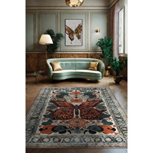 Nuh'un Gemisi Koleksiyonu Kelebek, Çiçek Desenli Art Deco Tarzı Vintage Halı,çok Renkli Maksimalist Halı 100x150 cm