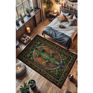 Nuh'un Gemisi Koleksiyonu Timsah Temalı Çiçekli Yeşil Renkli Bordürlü Şık Konsept Halı 80x120 cm