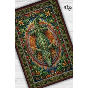 Nuh'un Gemisi Koleksiyonu Timsah Temalı Çiçekli Yeşil Renkli Bordürlü Şık Konsept Halı 80x120 cm