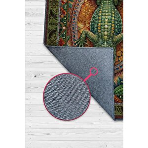 Nuh'un Gemisi Koleksiyonu Timsah Temalı Çiçekli Yeşil Renkli Bordürlü Şık Konsept Halı 80x120 cm