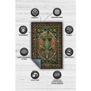 Homshtag Nuh'un Gemisi Koleksiyonu Timsah Temalı Çiçekli Yeşil Renkli Bordürlü Şık Konsept Halı