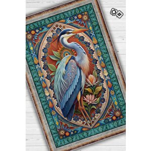 Nuh'un Gemisi Koleksiyonu Mavi Balıkçıl Temalı Çiçekli Çok Renkli Bordürlü Konsept Halı 80x120 cm
