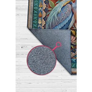 Nuh'un Gemisi Koleksiyonu Mavi Balıkçıl Temalı Çiçekli Çok Renkli Bordürlü Konsept Halı 80x120 cm