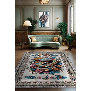 Nuh'un Gemisi Koleksiyonu Yılan , Çiçek Desenli Art Deco Tarzı Vintage Halı,çok Renkli Maksimalist Halı 160x240 cm