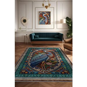 Nuh'un Gemisi Koleksiyonu Mavi Balıkçıl Temalı Çiçekli Çok Renkli Bordürlü Konsept Halı 120x180 cm