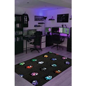 Aramızda Çok Renkli Oyuncu Halısı Zemini Siyah Gamer Temalı Among Us Sever Hediyelik Halı 120x180 cm