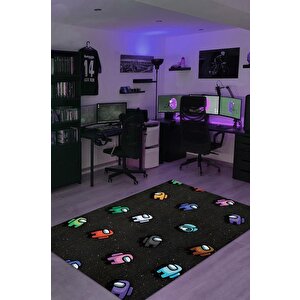 Aramızda Çok Renkli Oyuncu Halısı Zemini Siyah Gamer Temalı Among Us Sever Hediyelik Halı 80x120 cm