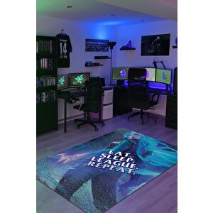 Ye Uyu Dinlen Çok Renkli Oyuncu Halısı Mavi Renk Gamer Temalı League Of Legends Sever Halı 80x120 cm