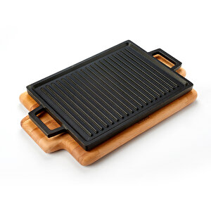 Döküm Dikdörtgen Çift Yön Izgara Hot Plate Döküm Demir Yekpare Çift Kulplu Kayın Servis Ahşabı Ölçü 22x30cm.