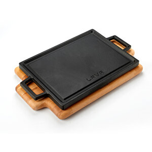 Döküm Dikdörtgen Çift Yön Izgara Hot Plate Döküm Demir Yekpare Çift Kulplu Kayın Servis Ahşabı Ölçü 22x30cm.