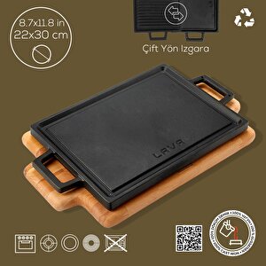 Lava Döküm Dikdörtgen Çift Yön Izgara Hot Plate Döküm Demir Yekpare Çift Kulplu Kayın Servis Ahşabı Ölçü 22x30cm.
