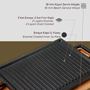 Lava Döküm Dikdörtgen Çift Yön Izgara Hot Plate Döküm Demir Yekpare Çift Kulplu Kayın Servis Ahşabı Ölçü 22x30cm.