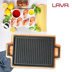 Lava Döküm Dikdörtgen Çift Yön Izgara Hot Plate Döküm Demir Yekpare Çift Kulplu Kayın Servis Ahşabı Ölçü 22x30cm.