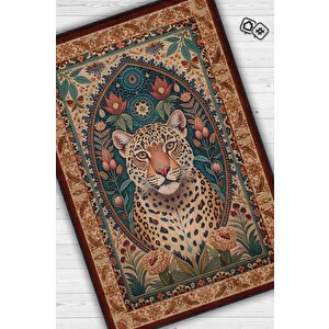 Nuh'un Gemisi Koleksiyonu Leopar Temalı Çiçekli Krem Renkli Bordürlü Şık Konsept Halı 100x150 cm