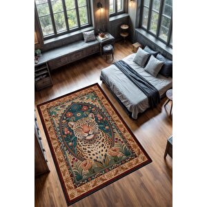 Nuh'un Gemisi Koleksiyonu Leopar Temalı Çiçekli Krem Renkli Bordürlü Şık Konsept Halı 80x120 cm
