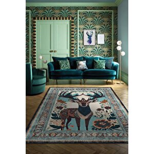 Homshtag Nuh'un Gemisi Koleksiyonu Geyik, Çiçek Desenli Art Deco Tarzı Vintage Halı,çok Renkli Maksimalist Halı