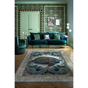 Homshtag Nuh'un Gemisi Koleksiyonu Kaplumbağa Çiçek Desenli Art Deco Tarzı Vintage Halı,çok Renkli Maksimalist Halı