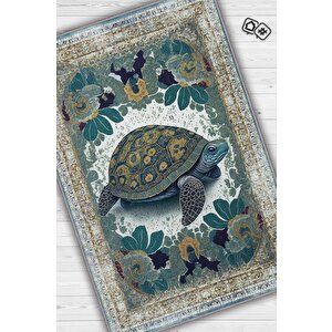 Homshtag Nuh'un Gemisi Koleksiyonu Kaplumbağa Çiçek Desenli Art Deco Tarzı Vintage Halı,çok Renkli Maksimalist Halı