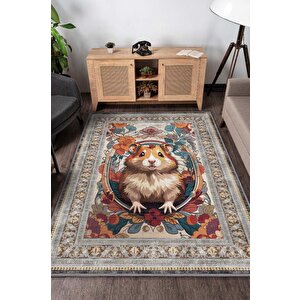 Nuh'un Gemisi Koleksiyonu Hamster Çiçek Desenli Temalı Vintage Renkli Maksimalist Halı 120x180 cm