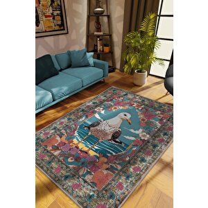 Nuh'un Gemisi Koleksiyonu Martı Çiçek Desenli Temalı Vintage Renkli Maksimalist Halı 80x120 cm