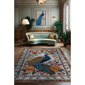 Nuh'un Gemisi Koleksiyonu Tavus Kuşu, Çiçek Desenli Art Deco Tarzı Vintage Halı,çok Renkli Maksimalist Halı 200x300 cm