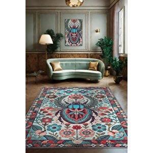 Nuh'un Gemisi Koleksiyonu Böcek Temalı Çiçek Desenli Vintage Renkli Bordürlü Konsept Halı 160x240 cm