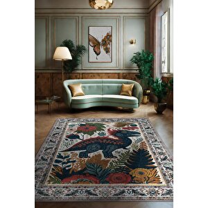 Nuh'un Gemisi Koleksiyonu Dinozor, Çiçek Desenli Art Deco Tarzı Vintage Halı,çok Renkli Maksimalist Halı 80x120 cm