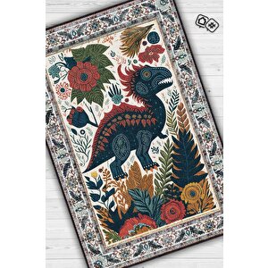 Nuh'un Gemisi Koleksiyonu Dinozor, Çiçek Desenli Art Deco Tarzı Vintage Halı,çok Renkli Maksimalist Halı 80x120 cm