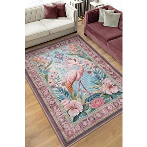 Nuh'un Gemisi Koleksiyonu Flamingo Temalı Çiçek Desenli Vintage Pembe Renkli Konsept Halı 120x180 cm