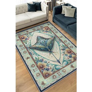 Nuh'un Gemisi Koleksiyonu Vatoz Balığı Çiçek Temalı Vintage Renkli Maksimalist Halı 100x150 cm