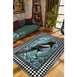 Nuh'un Gemisi Koleksiyonu Saksağan Kuşu Temalı Damalı Rustik Renkli Bordürlü Konsept Halı 100x150 cm