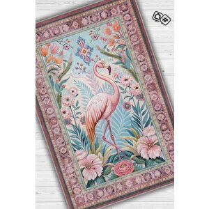 Homshtag Nuh'un Gemisi Koleksiyonu Flamingo Temalı Çiçek Desenli Vintage Pembe Renkli Konsept Halı