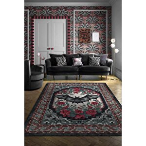 Nuh'un Gemisi Koleksiyonu Yarasa Temalı Çiçekli Bordo Siyah Renkli Bordürlü Konsept Halı 200x300 cm