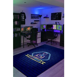 Oyun Alanı Mavi Renk Oyuncu Halısı Neon Renk Gamer Temalı Halı Modern Oyuncuya Hediye Halı 200x300 cm