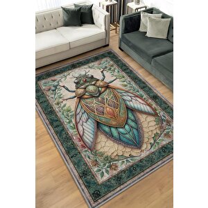 Nuh'un Gemisi Koleksiyonu Ağustos Böceği Temalı Çiçekli Çok Renkli Bordürlü Konsept Halı 200x300 cm