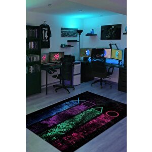 Joystick Renkli Oyuncu Halısı Zemini Siyah Renk Gamer Temalı Halı Oyuncuya Hediyelik Halı 100x150 cm