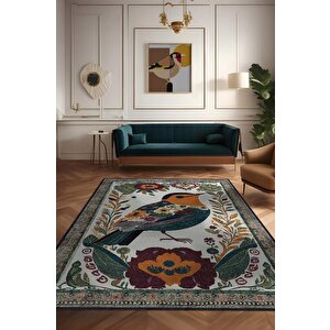 Nuh'un Gemisi Koleksiyonu Kuş, Çiçek Desenli Art Deco Tarzı Vintage Halı,çok Renkli Maksimalist Halı 200x300 cm