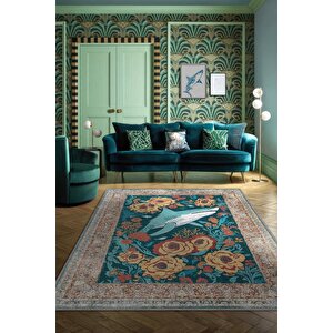 Homshtag Nuh'un Gemisi Koleksiyonu Köpek Balığı, Çiçek Desenli Art Deco Tarzı Vintage Halı,çok Renkli Maksimalist Halı