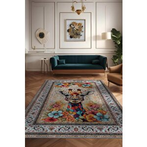 Nuh'un Gemisi Koleksiyonu Zürafa, Çiçek Desenli Art Deco Tarzı Vintage Halı,çok Renkli Maksimalist Halı 120x180 cm