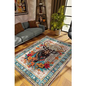 Nuh'un Gemisi Koleksiyonu Mus Kanada Geyiği Çiçek Desenli Temalı Vintage Renkli Maksimalist 100x150 cm