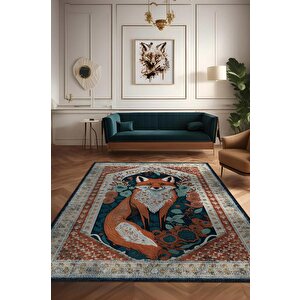 Homshtag Nuh'un Gemisi Koleksiyonu Tilki, Çiçek Desenli Art Deco Tarzı Vintage Halı,çok Renkli Maksimalist Halı