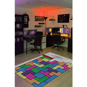 Olamaz Renkli Oyuncu Halısı Zemini Beyaz Renk Gamer Temalı Halı Tetris Sever Hediyelik Halı 80x120 cm