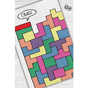 Olamaz Renkli Oyuncu Halısı Zemini Beyaz Renk Gamer Temalı Halı Tetris Sever Hediyelik Halı 80x120 cm