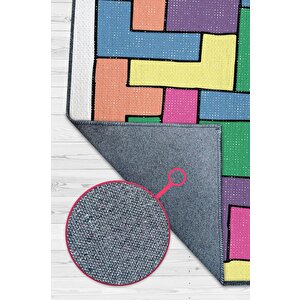 Olamaz Renkli Oyuncu Halısı Zemini Beyaz Renk Gamer Temalı Halı Tetris Sever Hediyelik Halı 80x120 cm