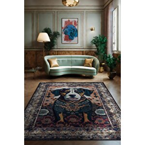 Nuh'un Gemisi Koleksiyonu Köpek, Çiçek Desenli Art Deco Tarzı Vintage Halı,çok Renkli Maksimalist Halı 120x180 cm